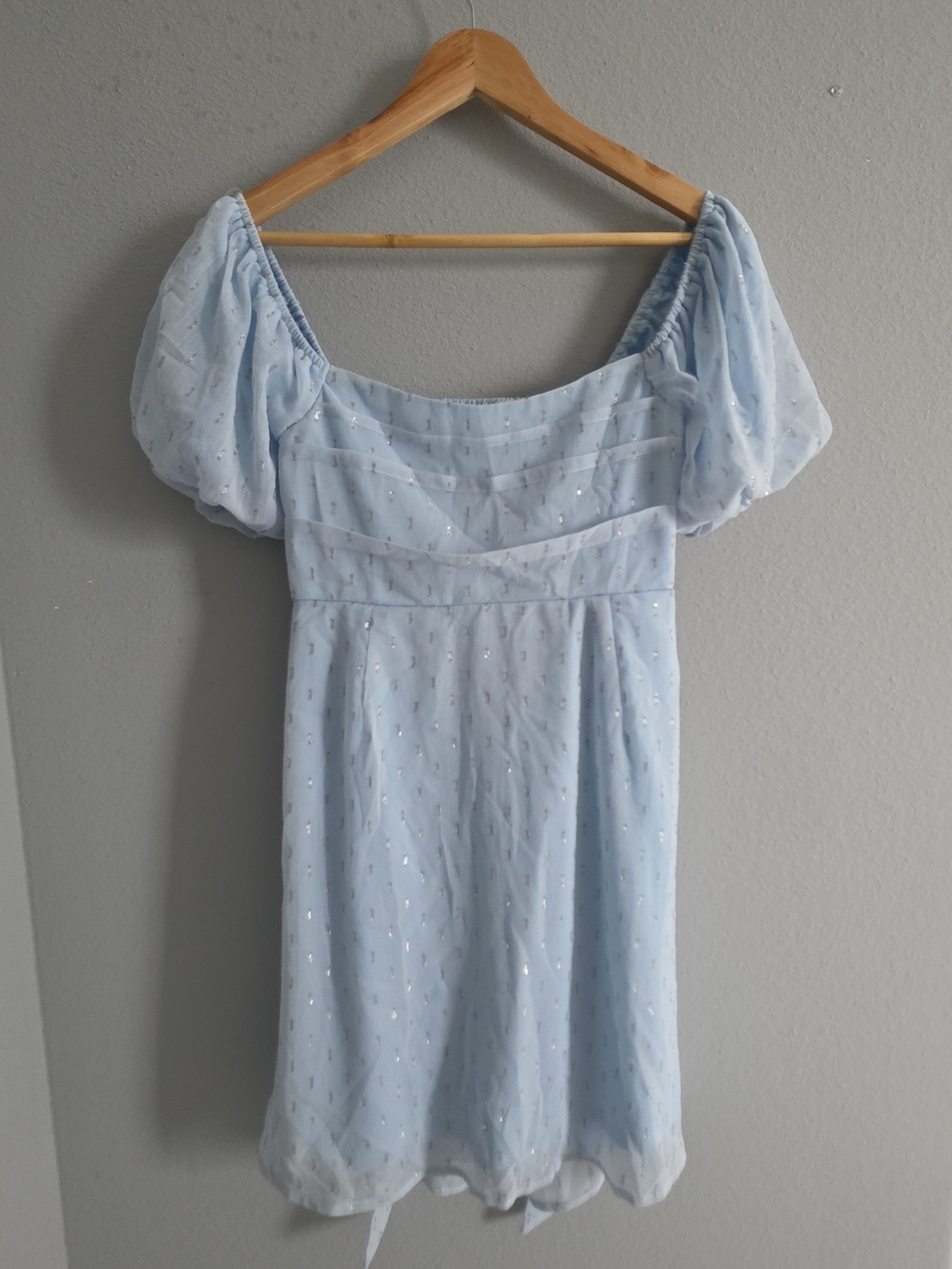 Altar'd State Light Blue Puff Sleeve Mini Dress with Silver Dots